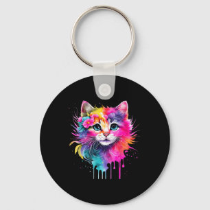Porte-clés Rainbow Cat A Aquarelle Peinture Fleurs colorées C
