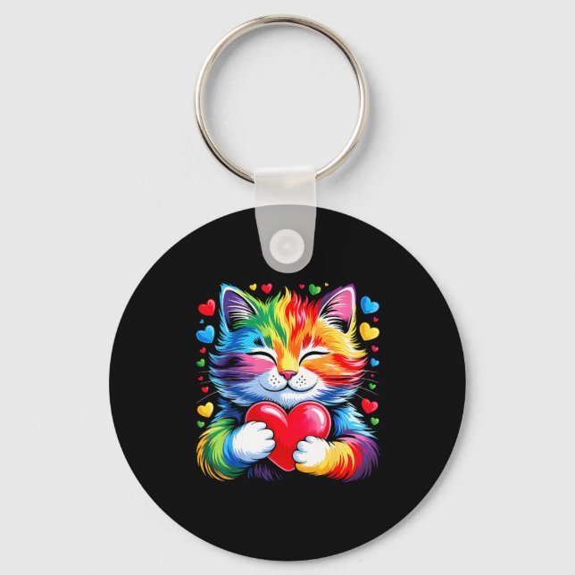 Porte-clés Rainbow Heart Cat, Cute Valentine Day For Kids Boy (Recto)