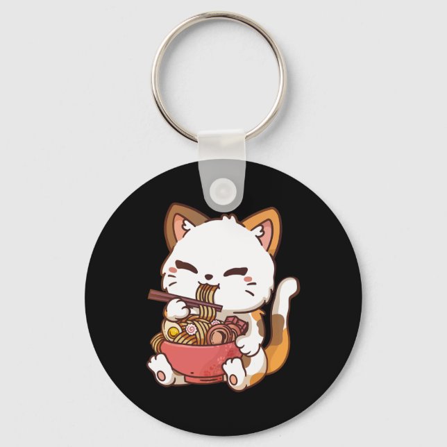 Porte-clés Ramen Chat Anime Kawaii Chat Manger Ramen (Recto)
