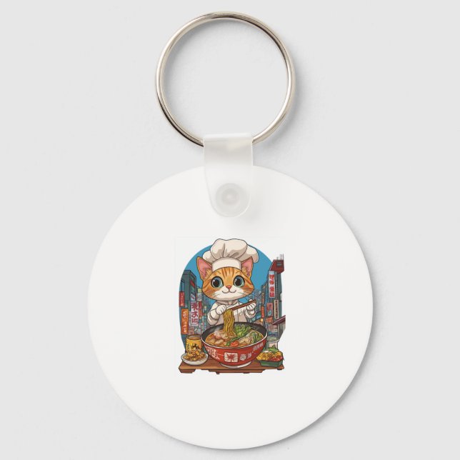 Porte-clés Ramen Neko � Drôle Chat Chef Anime Nourriture (Recto)