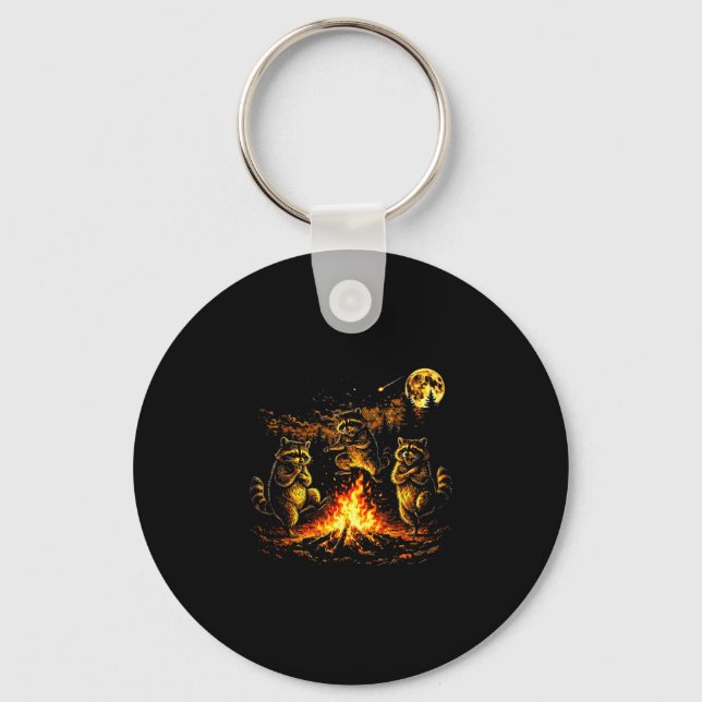 Porte-clés Raton laveurs dansants feu de camp forêt lune drôl (Recto)