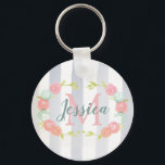Porte-clés Rayures d'aquarelle et monogramme floral<br><div class="desc">Jolies rayures modernes et design de couronnes florales dans les aquarelles pastel pour personnaliser avec nom et initiale.</div>