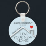 Porte-clés Real Estate House Heart Custom Realtor Business<br><div class="desc">A 2.25" keychain features a red heart over a new home's roof, the words "Bless Your New Home!" along with your company name, phone number and agent's name. CHANGE THE BACKGROUND COLOR to anything - we show light blue. Personalize this business marketing gift with your own information to congratulate buyers...</div>