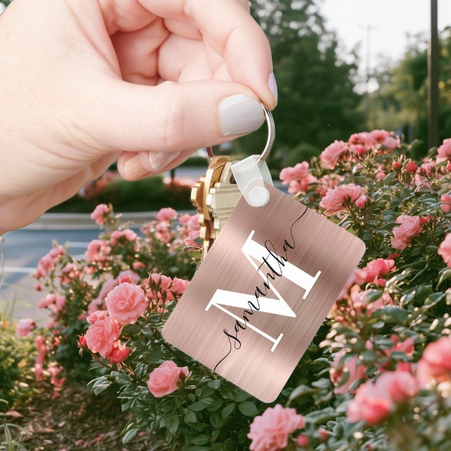 Porte-clés Rectangle de monogramme de signature moderne en fe (Modern Signature Monogram Rose Gold Foil Rectangle Keychain)