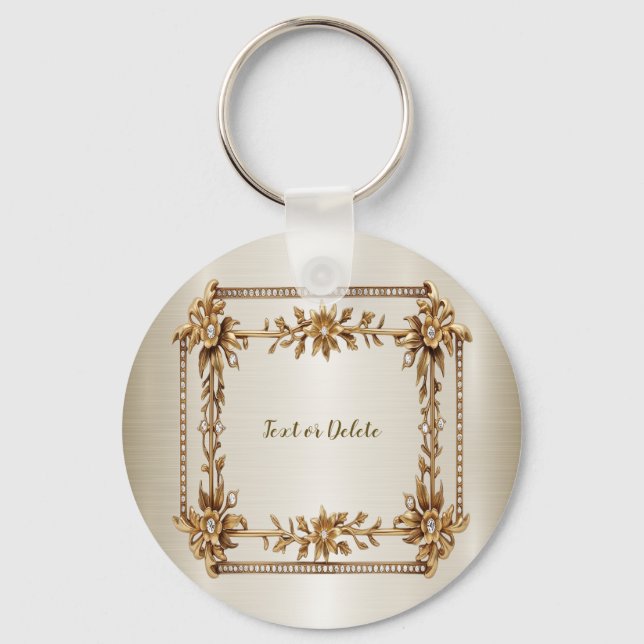 Porte-clés Rectangle doré Fleurs Dimonées brillantes (Recto)