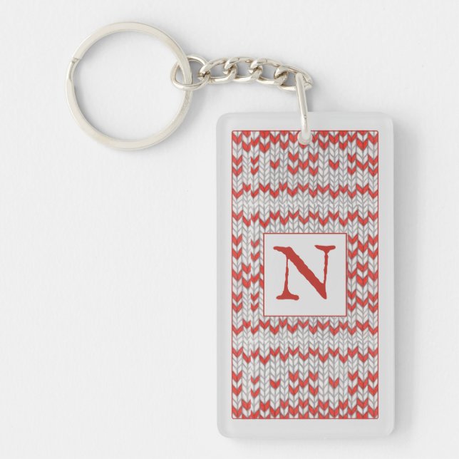Porte-clés rectangle en tricot nordique ROUGE + In (Devant)