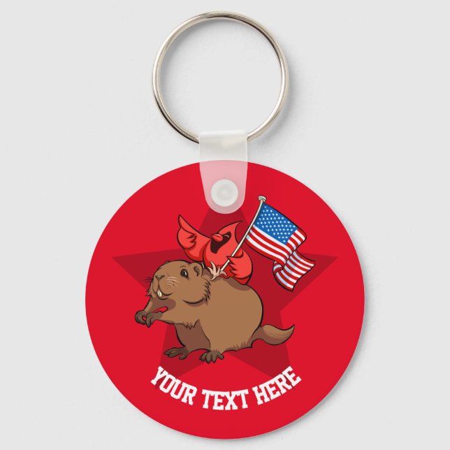 Porte-clés Red Cardinal Riding a Groundhog with American Flag (Recto)