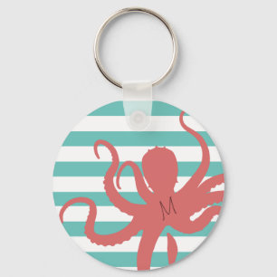 Porte-clés Red octopus modern beach white teal striped