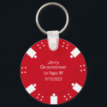 Porte-clés Red Poker Chip Casino Mariage à thème Faveur<br><div class="desc">Casino Las Vegas jeu thème mariage toiletteur cadeau porte - clé fait dans un look de puce de poker rouge et blanc. Personnalisez tous les champs de texte en fonction de vos besoins mariages. Des produits correspondants sont disponibles.</div>