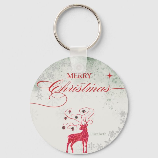 Porte-clés Red Reindeer Silver Snowflakes Green Christmas (Recto)