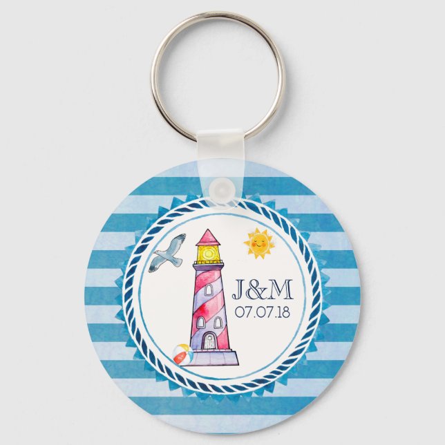 Porte-clés Red Striped Watercolor Lighthouse Wedding (Recto)