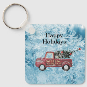 Porte-clés red vintage truck on a blue snowflake background