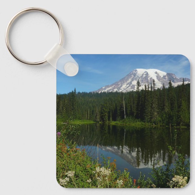 Porte-clés Réflexion du lac Rainier avec Fleurs sauvages (Recto)