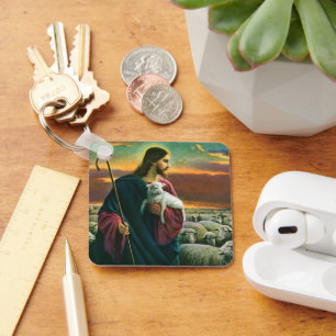 Porte-clés Religion vintage, Christ Bon Pasteur avec troupeau