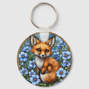Porte-clés Renard adorable entouré de fleurs bleues vibrantes