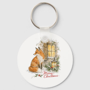 Porte-clés Renard de Noël à l'aquarelle avec lanterne
