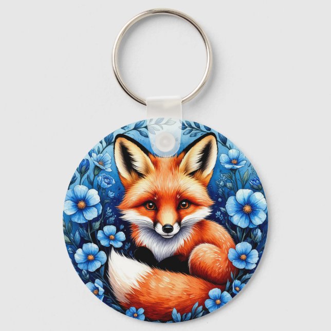 Porte-clés Renard Entouré de Fleurs Bleues (Recto)