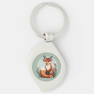 Porte-clés Renard Floral Envoûtant Art Populaire de la Forêt