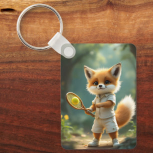Porte-clés Renard mignon jouant au tennis dans une forêt ench