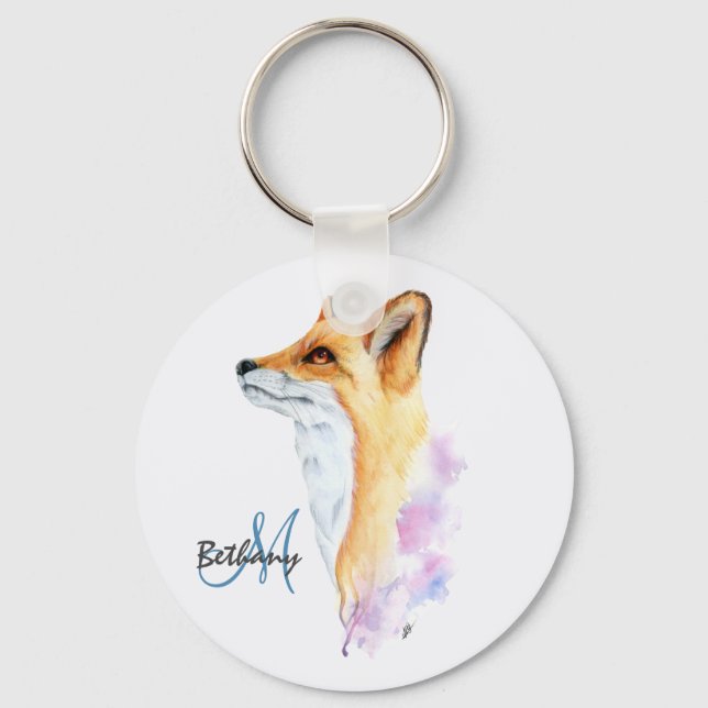 Porte-clés Renard roux aquarelle personnalisé  (Recto)