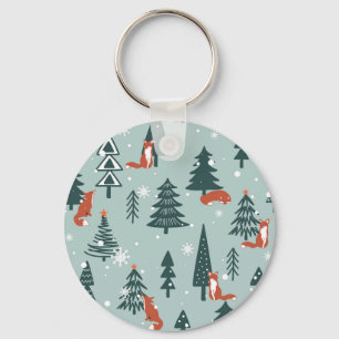 Porte-clés Renards, sapins, hiver, motif coloré