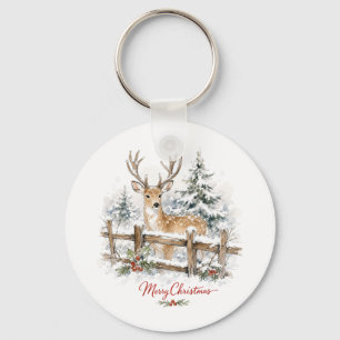 Porte-clés Renne de Noël à l'aquarelle dans la neige