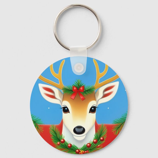Porte-clés Renne festif avec couronne de Noël (Recto)