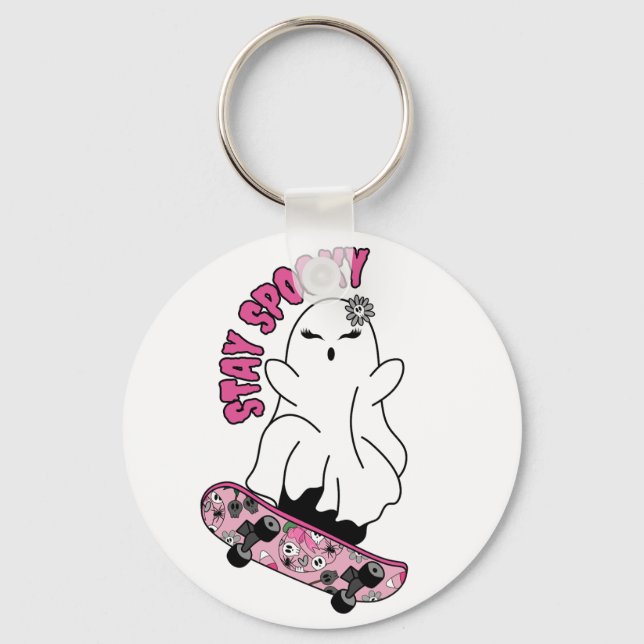 Porte-clés "Restez Éffrayant" Fantôme sur un skateboard - Coo (Recto)