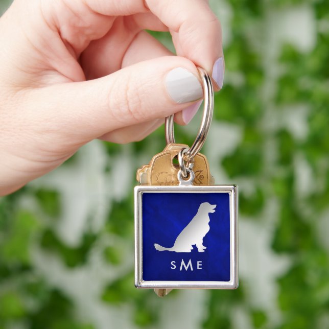 Porte-clés Rétrieur doré en argent bleu monogramme (main)