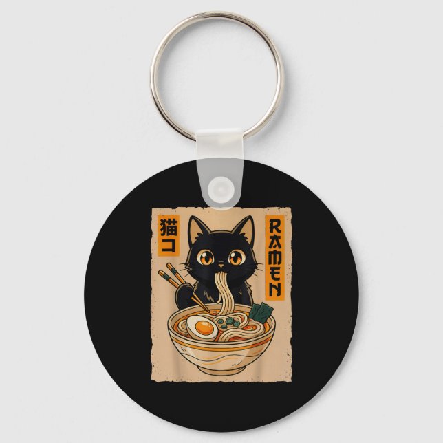 Porte-clés Retro Anime Kawaii Black Cat Eating Ramen Noodles  (Recto)
