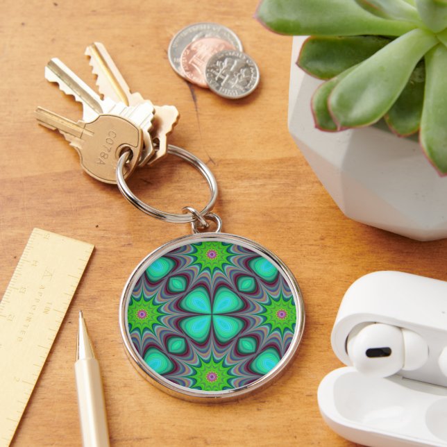 Porte-clés Retro Boho Hippie Green Clover Psychedelic Mandala (Bureau)