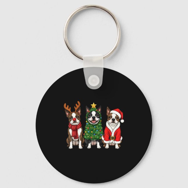 Porte-clés Retro Christmas Boston Terrier Santa Reindeer Dog  (Recto)