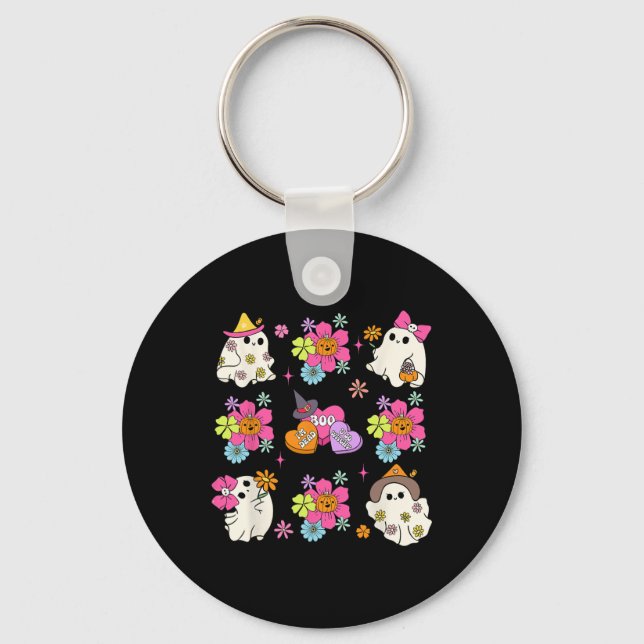 Porte-clés Retro Coquette Boo Ghost Bow Fleurs Citrouilles Ha (Recto)