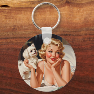 Porte-clés Retro Girl with Maltese Dog 50's Pin-up Art