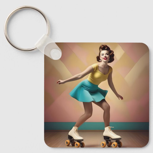 Porte-clés Retro Lady Roller Patinage En Arrière, (Recto)