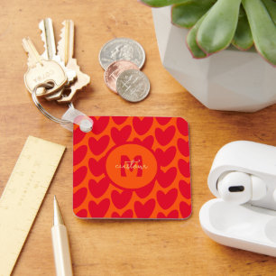 Porte-clés Retro Orange Super Red Hearts Nom sur Monogramme