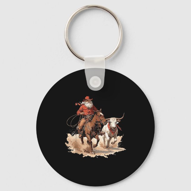 Porte-clés Retro Santa Rodeo Reindeer Cowboy Western Horse Hi (Recto)