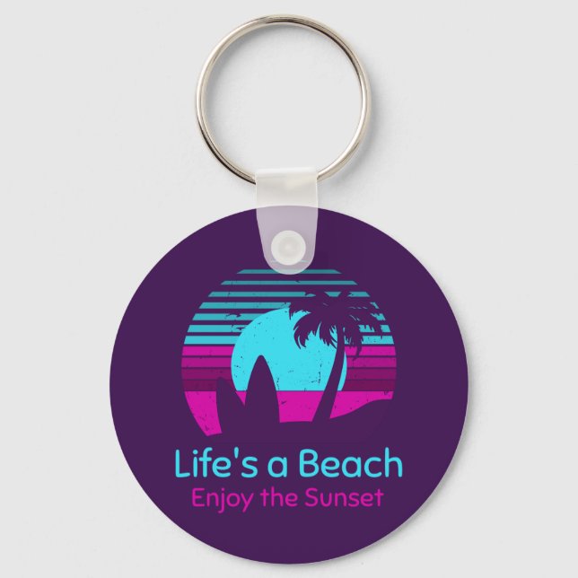 Porte-clés Retro Sunset Surfboard Palm Tree Life's a Beach (Recto)