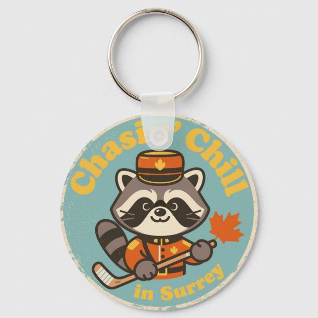 Porte-clés Retro Surrey BC Raccoon and Hockey Stick (Recto)