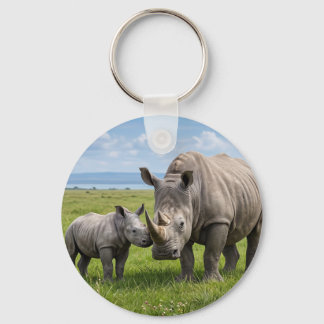 Porte-clés Rhinocéros adultes et bébés dans une prairie verte