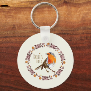 Porte-clés Robin Botanical vintage Flowers for bird lover