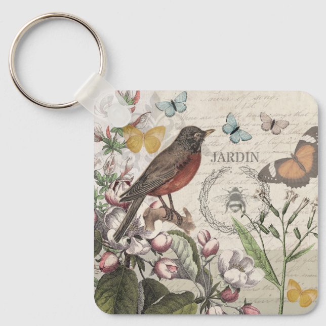 Porte-clés Robin Elegant Bird Butterfly French Art (Recto)