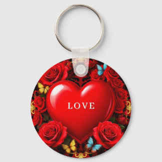 Porte-clés Romantic Red Heart Framed by Roses and Butterflies
