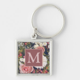 Porte-clés Romantique Roses Rose Bouquet de fleurs Monogramme