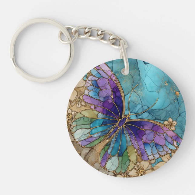 Porte-clés rond avec un papillon aquarelle  (Devant)