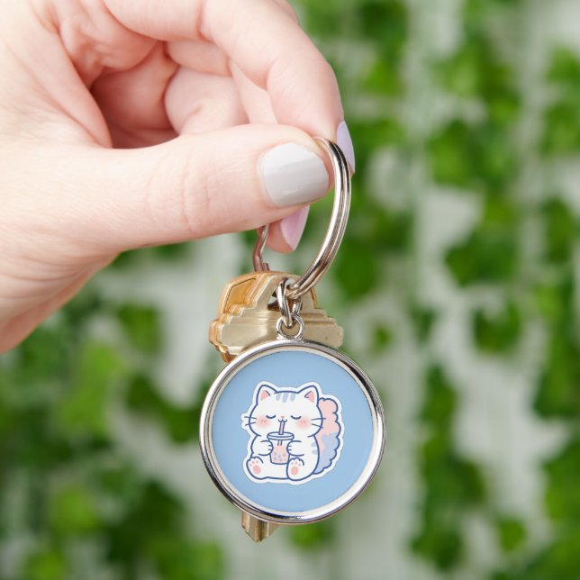 Porte-clés rond Bubble Tea Chat Mignon Kawaii (main)
