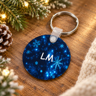 Porte-clés rond Deep Blue & Bright Snowflakes