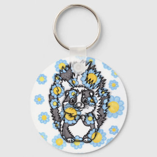 Porte-clés rond Mouffette Mignonne avec Fleurs Ble