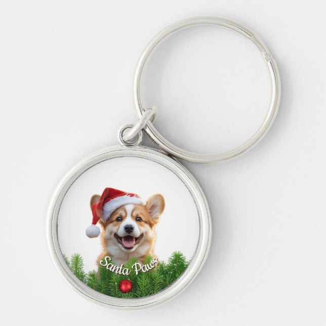 Porte-clés rond personnalisé – Santa Paws Corgi  (Devant)