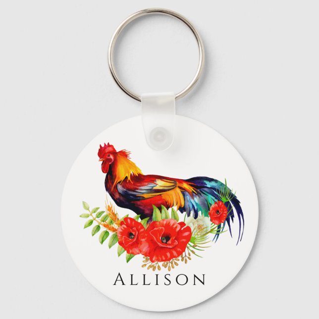 Porte-clés Rooster avec Fleurs Personnalisé (Recto)